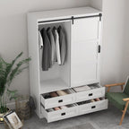 Wardrobe Closet with Sliding Barn Door, Wooden Bedroom Armoire Wardrobe Cabinet Closet with 4 Drawers, Adjustable Shelves and Hanging Rod, Bedroom Storage Closet Cabinet for Hanging Clothes, White