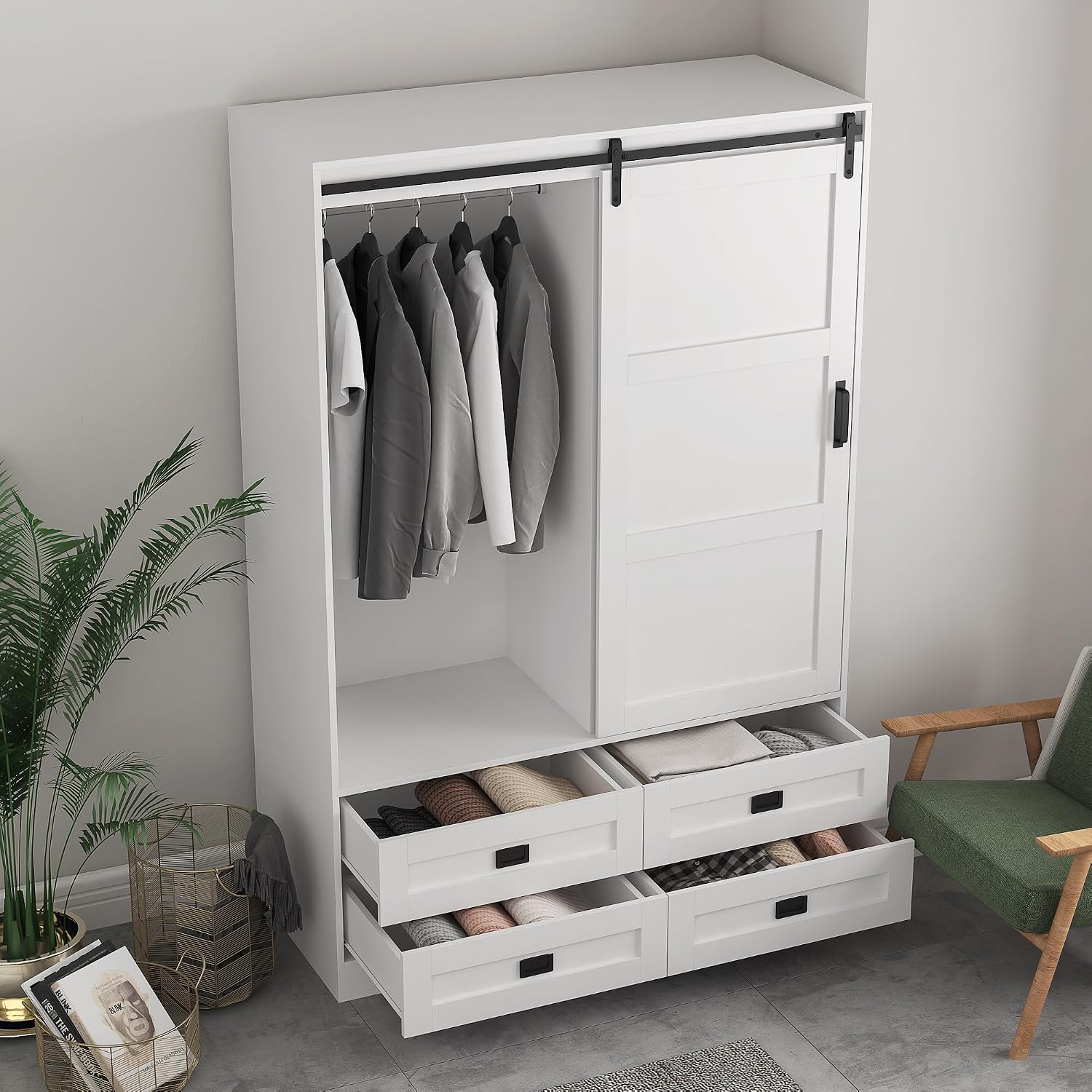 Wardrobe Closet with Sliding Barn Door, Wooden Bedroom Armoire Wardrobe Cabinet Closet with 4 Drawers, Adjustable Shelves and Hanging Rod, Bedroom Storage Closet Cabinet for Hanging Clothes, White