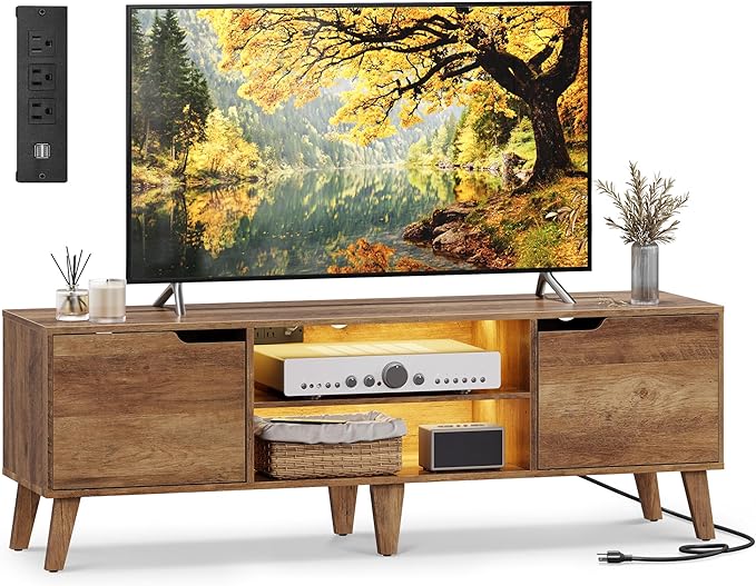VASAGLE TV Stand with Charging Station, for 65-Inch TVs, Entertainment Center with LED Light, 57.9-Inch Long Media Console Table, Transitional Style, for Living Room, Bedroom, Honey Brown ULTV560K01