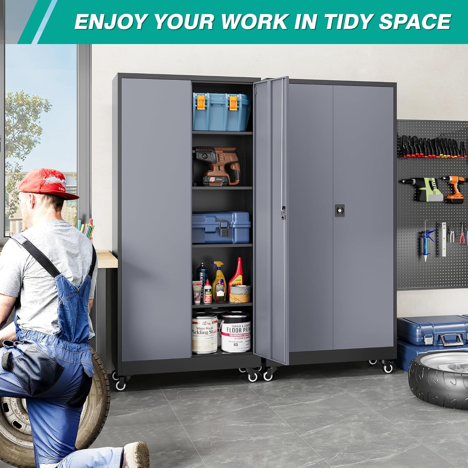 SISESOL 75" Tall Metal Storage Cabinet with Wheels,Rolling Garage Storage Cabinet with Lock,Gray Metal Cabinets with Wheels and Shelves,Tall Tool Cabinets on Wheel for Garage,Home,Office,Shop