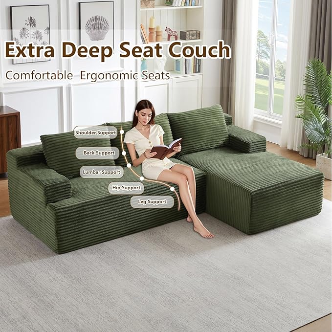 96.1" Modular Sectional Sofa Couches L-Shape Couch 3 Seat Modular Sofa Corduroy Memory Foam Sectional Boneless Couches for Living Room, Cloud Couch with Oversized Chaise(Green, Right Facing)