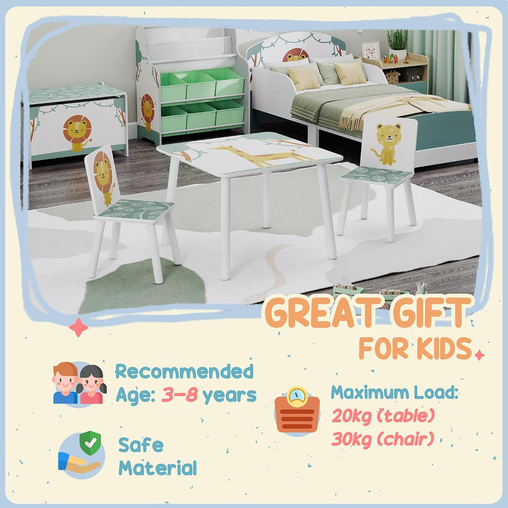 Qaba 3-Piece Toddler Table and Chair Set Animal Pattern Aged 3-8 Green | Kids Table and Chairs Set Furniture, Boys and Girls, Bedroom, Nursery, Playroom
