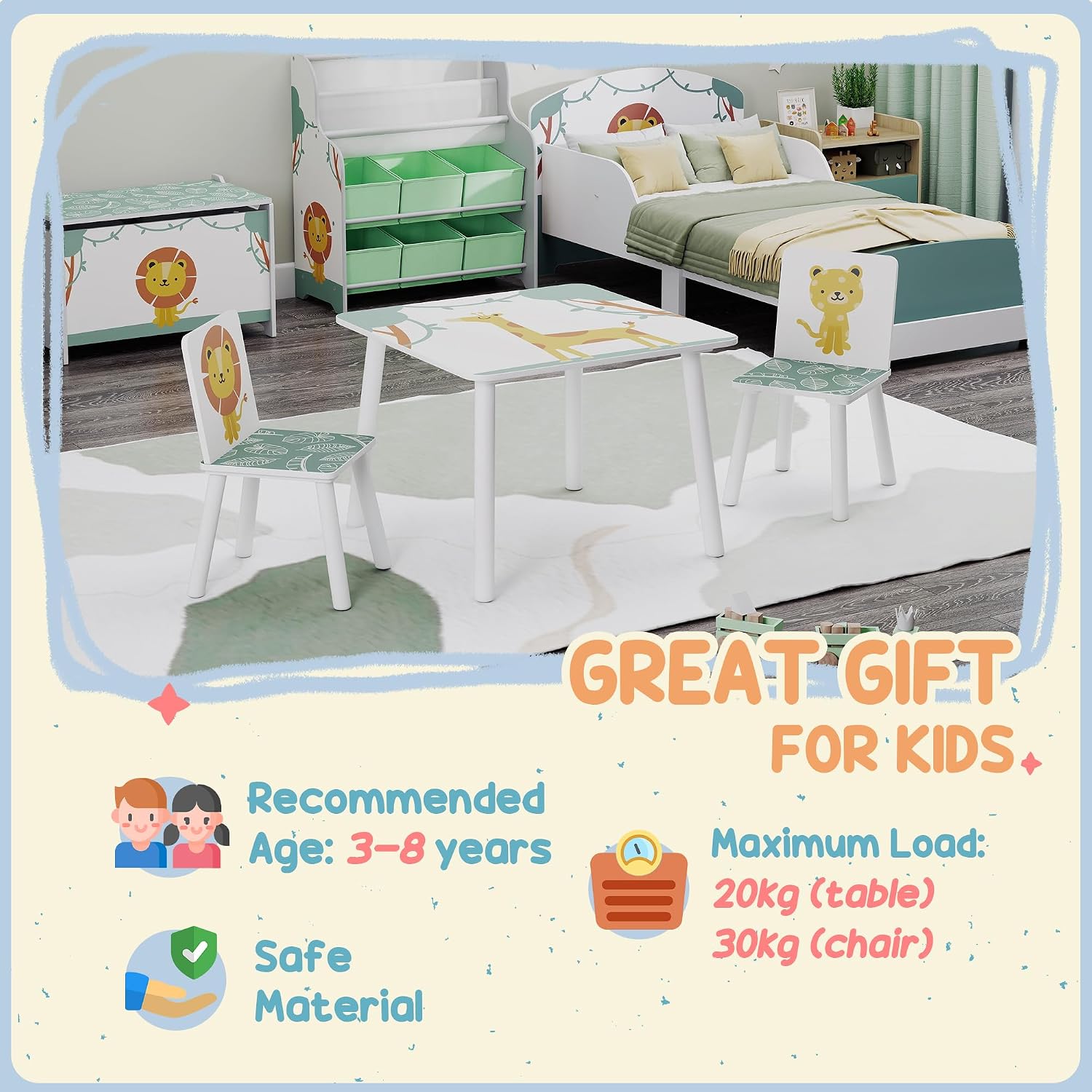 Qaba 3-Piece Toddler Table and Chair Set Animal Pattern Aged 3-8 Green | Kids Table and Chairs Set Furniture, Boys and Girls, Bedroom, Nursery, Playroom