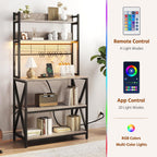 Yaheetech Kitchen Bakers Rack with Power Outlet & LED Lights, 5 Tiers Coffee Bar Table with 8 S Hooks, 64 Inches Tall Microwave Oven Stand with Storage for Spices, Pots, Gray