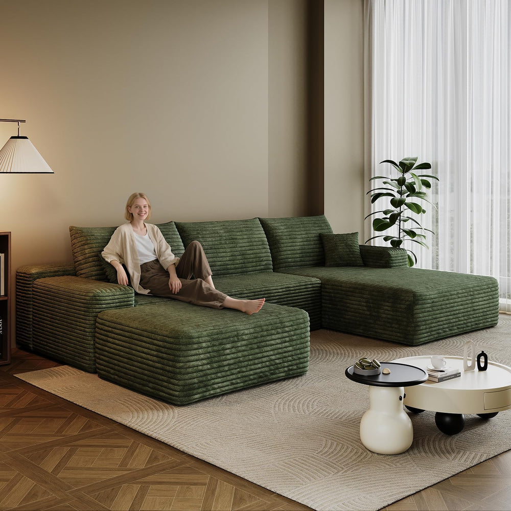 107.7" Sectional Couch Modern Modular U - Shape Corduroy Upholstered Sof...