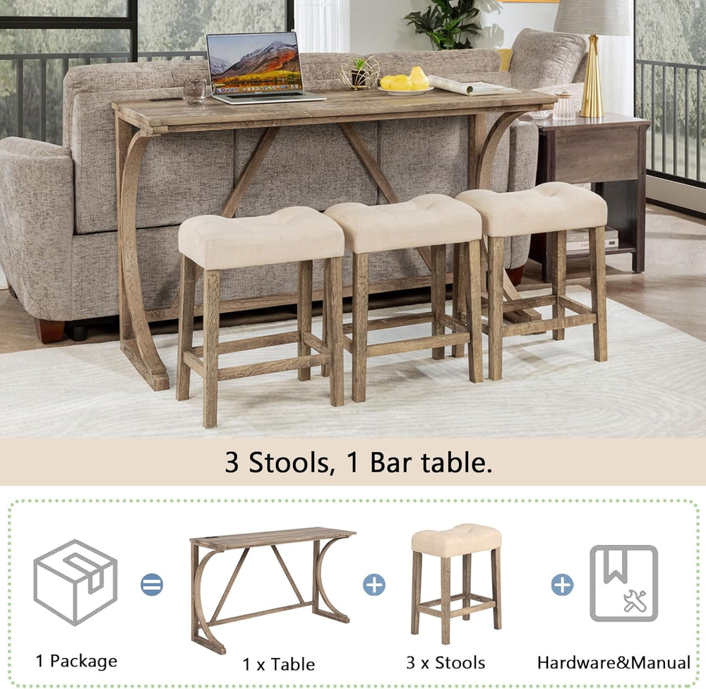 Knocbel Industrial 3-Person Counter Height Bar Table Set with Power Outlet, 4...