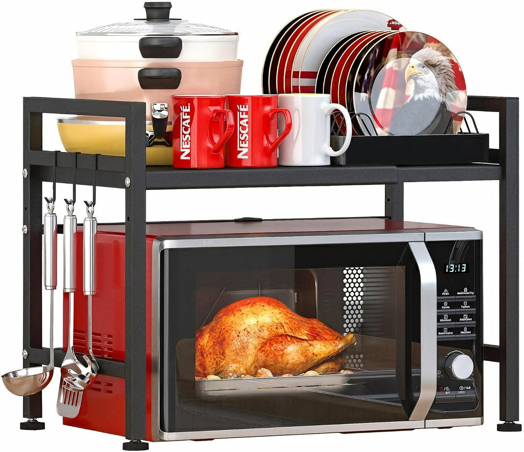 PUSDON Textured Black Microwave Oven Rack, Expandable 2-Tier Kitchen Countertop Organizer, Heavy Duty Carbon Steel Stand with 3 Hooks, Adjustable Height & Length