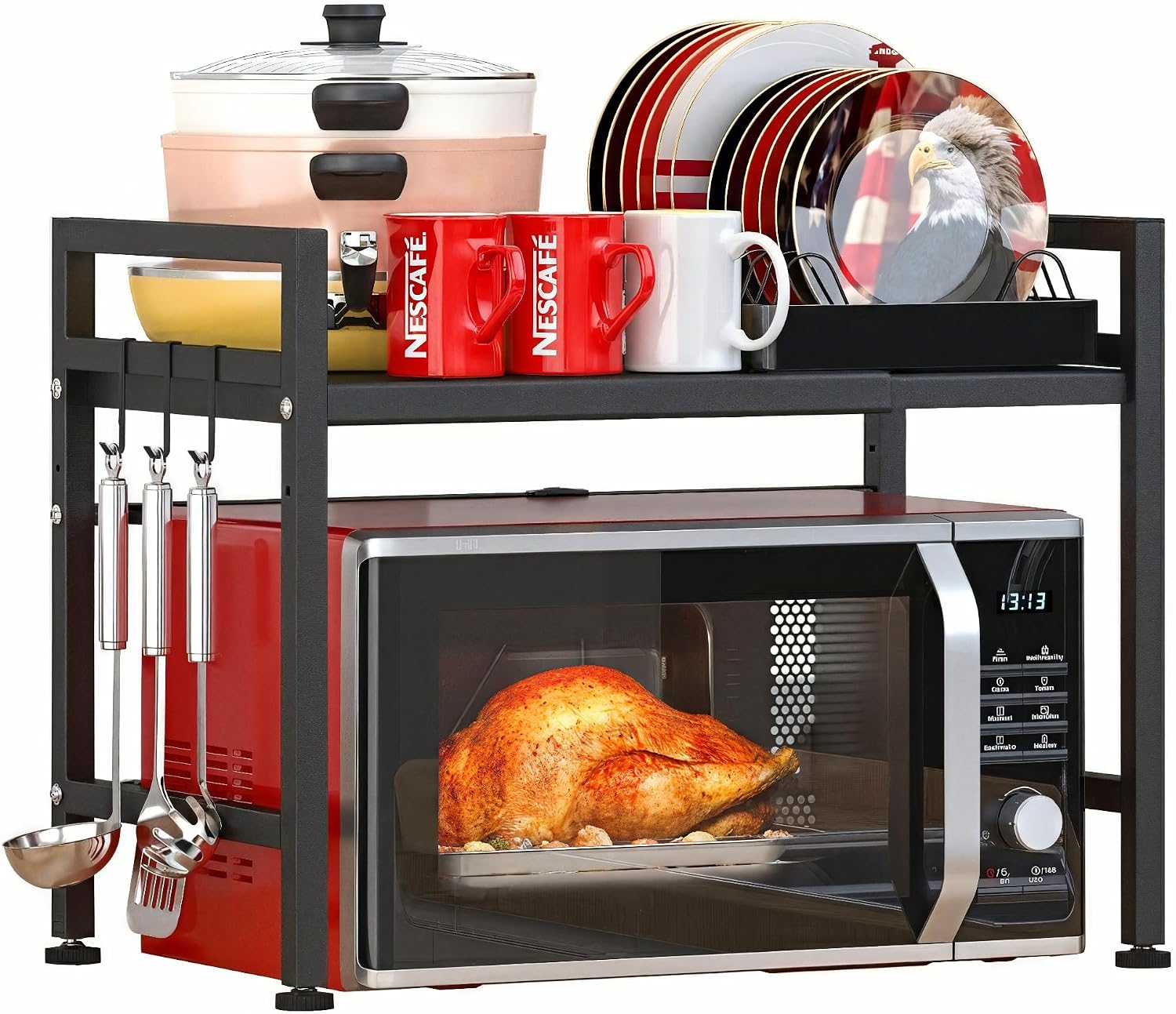 PUSDON Textured Black Microwave Oven Rack, Expandable 2-Tier Kitchen Countertop Organizer, Heavy Duty Carbon Steel Stand with 3 Hooks, Adjustable Height & Length
