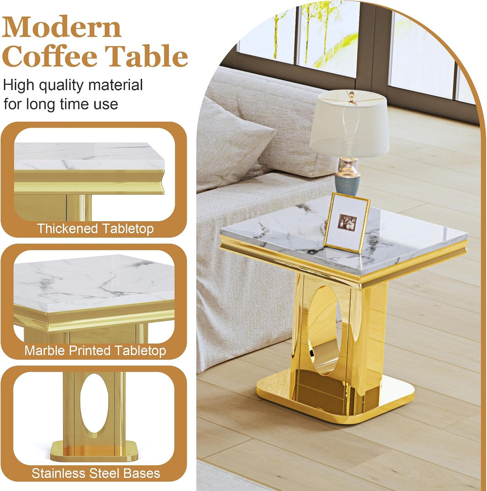Luxury Square End Table, 23" White Faux Marble Top and Gold Mirror Stain...