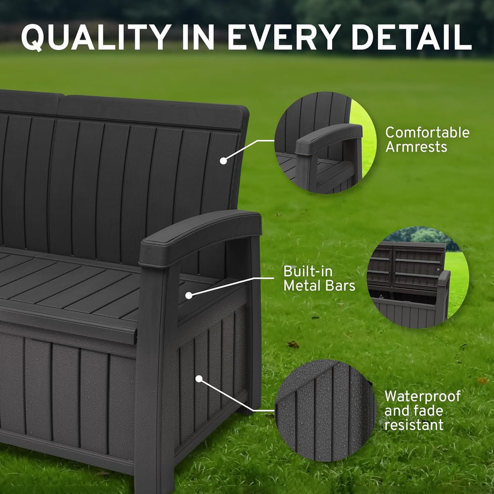 EconoHome 3 Seat Outdoor Storage Bench with Rain Cover - 90 Gallon Capacity -...