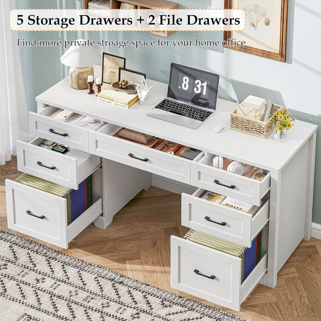 Vabches Farmhouse 61'' Executive Desk with 7 Drawers, Rustic Office Desk Computer Table with File Drawers, Wood Workstation for Home Office and Study,Cream White