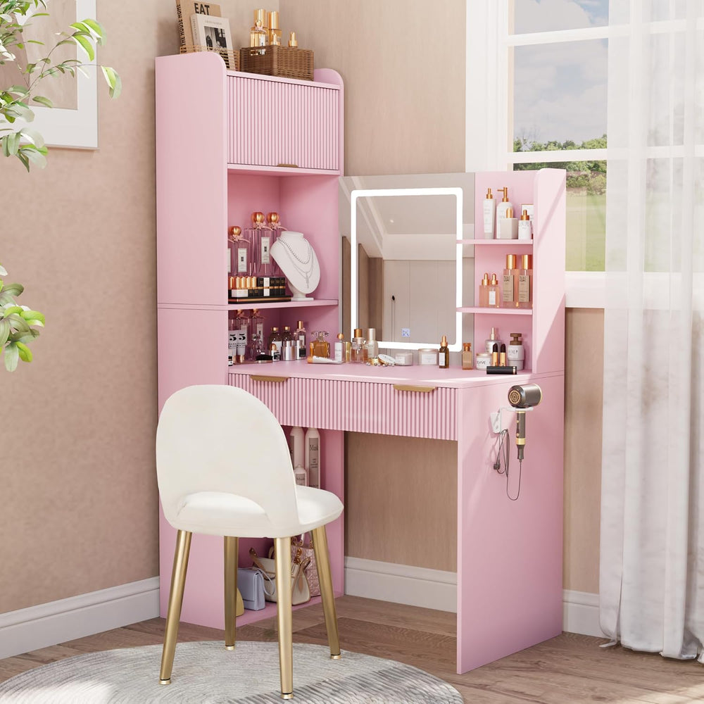 Royal Windsor Makeup Vanity Desk with Mirror and Lights, with Chair,Pink | Va...