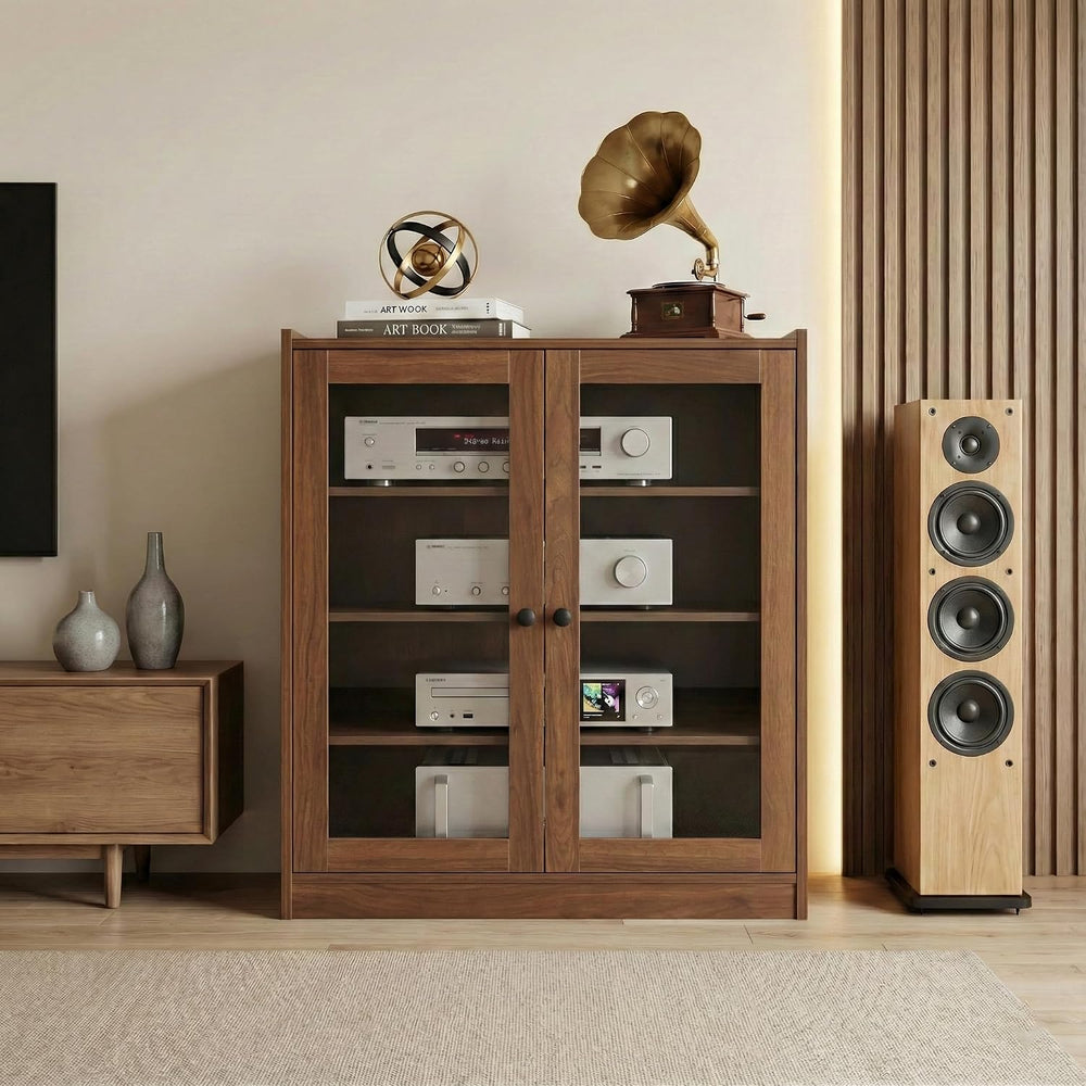 holzart Audio Stereo Cabinet with Glass Doors, 35.4" Tall Vintage AV Com...