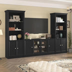 128.2" W Wall Unit Entertainment Center with Bookshelves for TVs up to 80", Multifunctional TV Stand Media Console with Tempered Glass Cabinets and Adjustable Shelves for Living Room (Black-1.28)