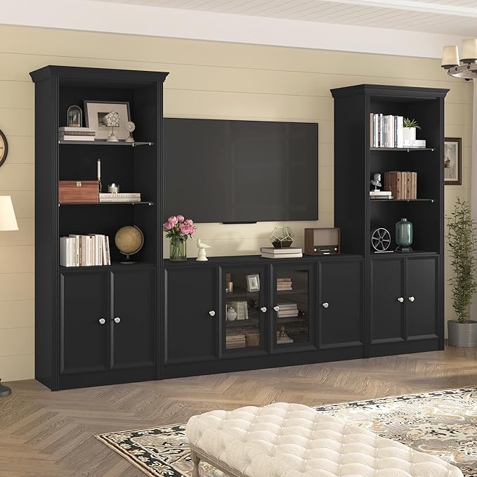 128.2" W Wall Unit Entertainment Center with Bookshelves for TVs up to 80", Multifunctional TV Stand Media Console with Tempered Glass Cabinets and Adjustable Shelves for Living Room (Black-1.28)