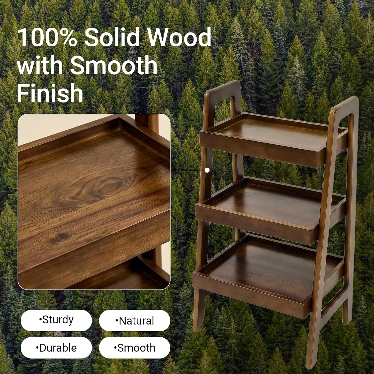 Haotian Solid Wood Ladder Shelf, 3-Tier Walnut Ladder Bookshelf, Small Open Storage Shelf with Anti-Slip Edges, Compact Narrow Bookshelf for Small Spaces, Bedside Table DJ-FRG001