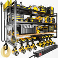Large Power Tool Organizer with 8 Outlet Charging Station, Loads 600lbs, 4 Layer Heavy Duty Utility Rack Holds 8 Cordless Drills, Wall Mount Tool Battery Garage Storage Shelf, Gift for Men