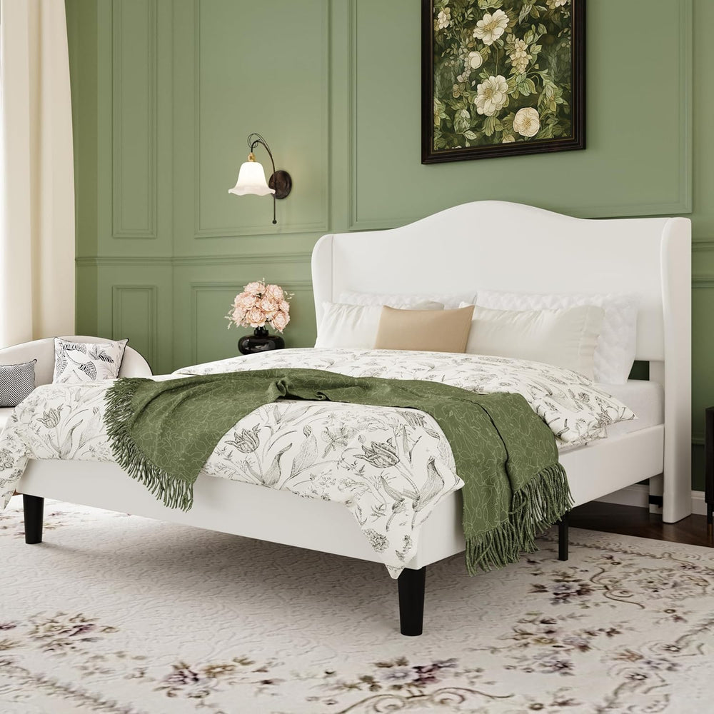SHA CERLIN Full Size Bed Frame with Curved Wingback Headboard,Soft White