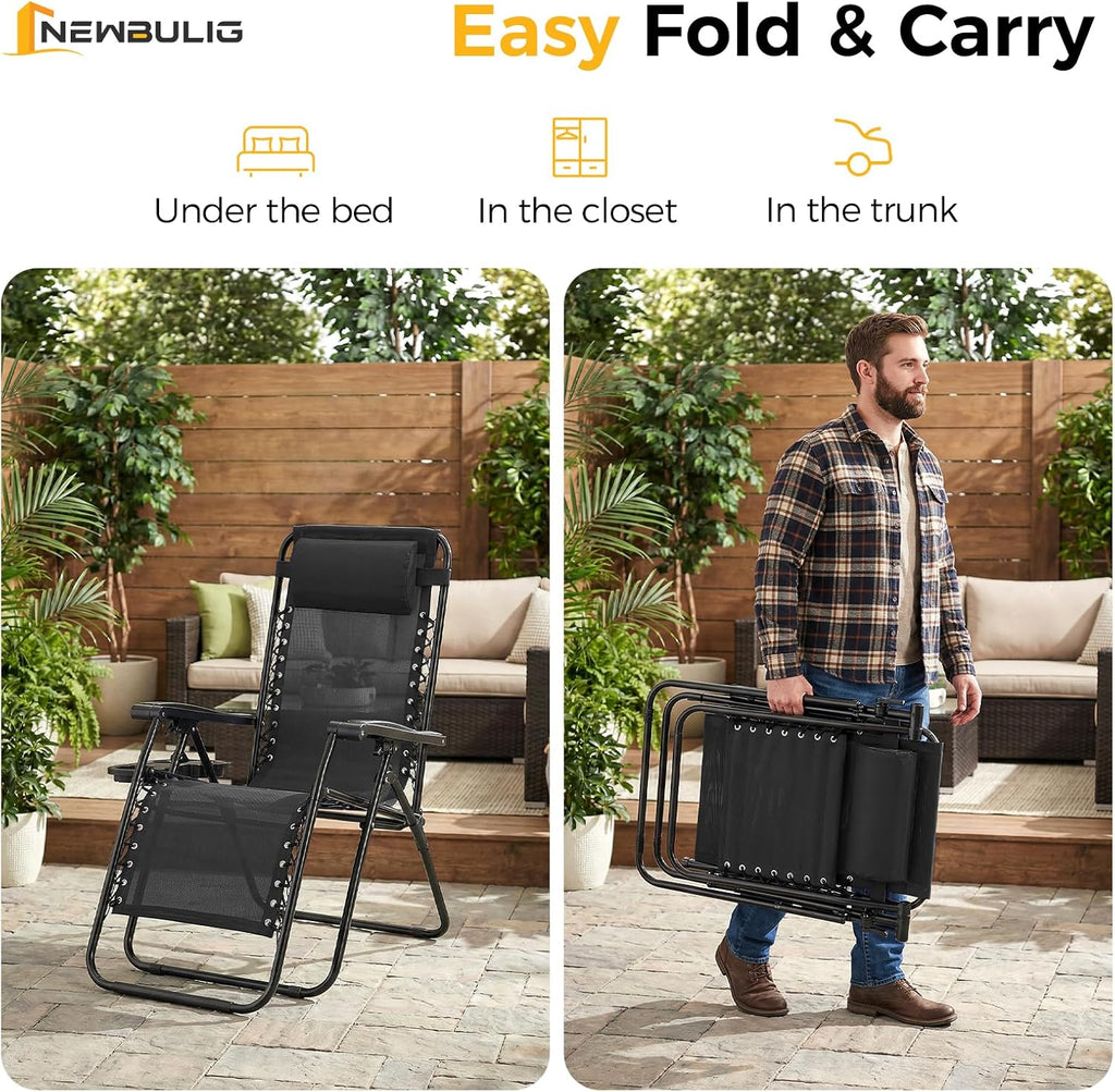 NEWBULIG Zero Gravity Chairs Set of 2, Folding Lounge Chair, Modern Black | Portable Lawn Camping Recliner with Adjustable Pollow, Mesh Back, Cup Holder Trays for Pool Beach Patio
