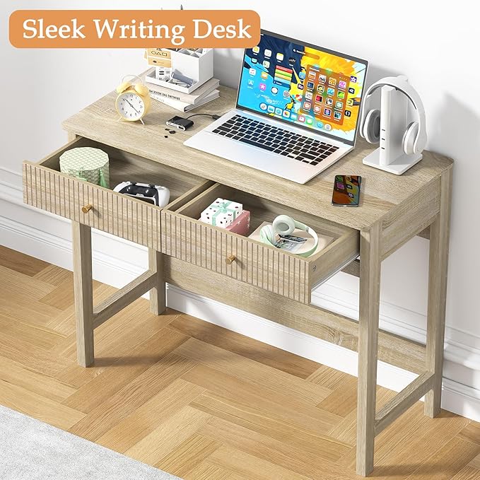 Fluted Writing Desk with Drawers, Makeup Vanity Desk for Bedroom, 40 Inch Home Office Computer Desk with Storage Drawers, Small Console Table