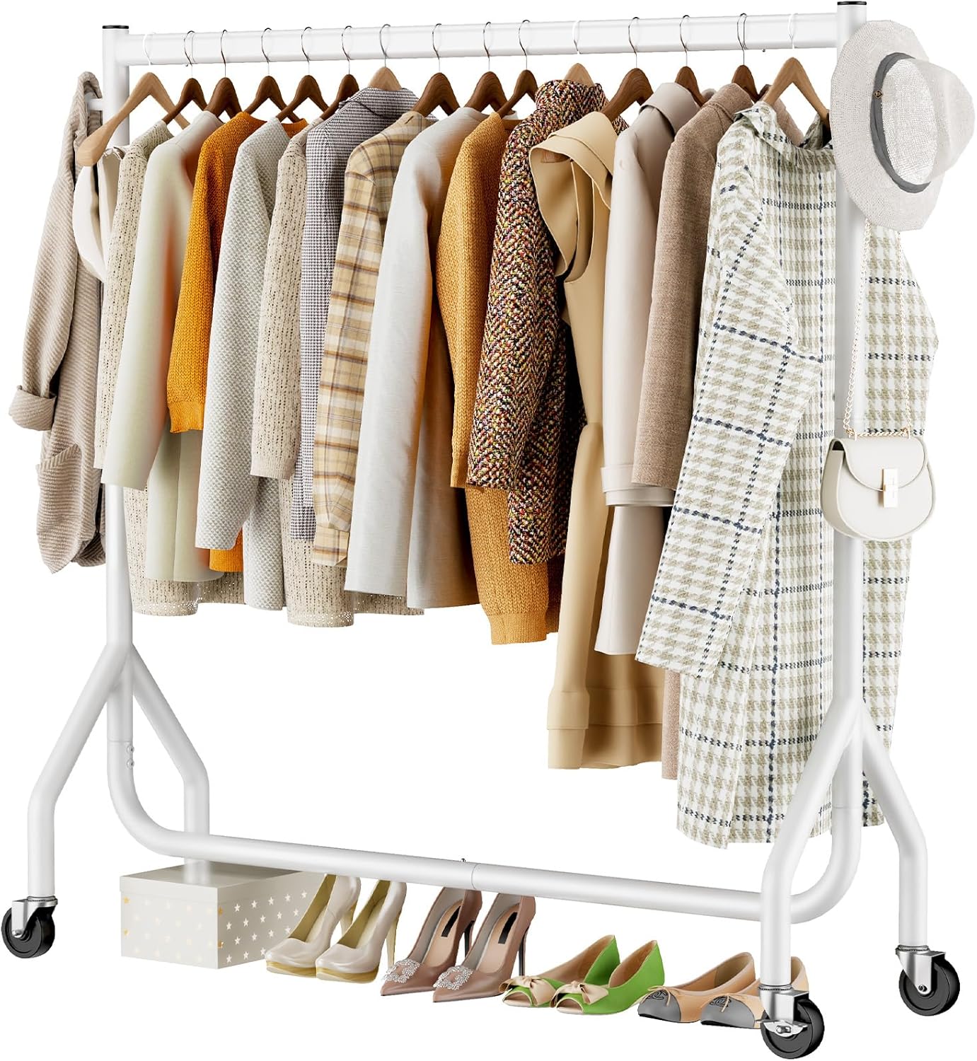 Clothes Clothing Rack, Rolling Heavy Duty Clothes Rack Load 420 LBS With Wheels, Metal Clothes Rack for Hanging Clothes, Portable Standing Clothes Garment Rack, White,48 inches