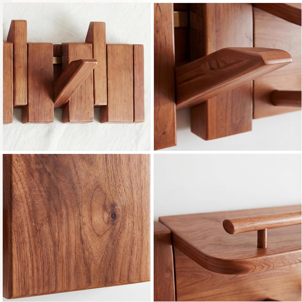 Mid Century Modern Wood Coat Rack Wall Mount with Shelf, 7 Hooks, Walnut