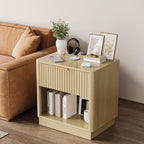 Fluted Nightstand with Charging Station Modern Bedside Table with Drawer and Open Shelf Mid Century End Table with Storage for Bedroom Living Room Sofa Office