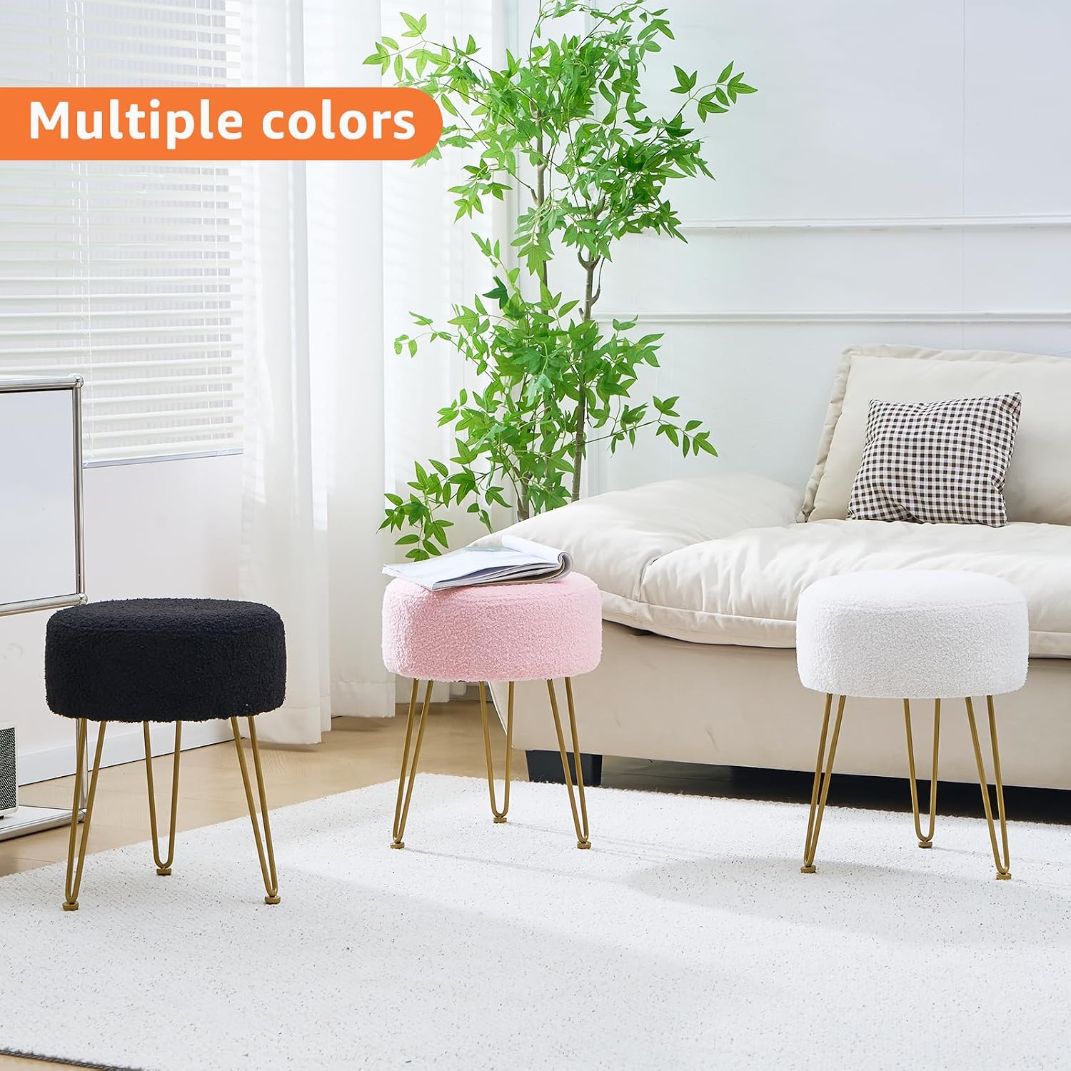 Vanity Stool, Teddy Velvet Ottoman Foot Stool, Dressing Table Seat with Metal Leg Vanity Chair for Bedroom, Living Room, Entryway, Offices