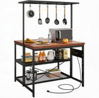 Industrial Kitchen Island with Storage & Power Outlet – 3-Tier Bakers Rack Coffee Bar Station, Heavy Duty Steel Frame, Spacious Prep Table with Shelves & 5 Hooks for Small Spaces, Dining, Living Room