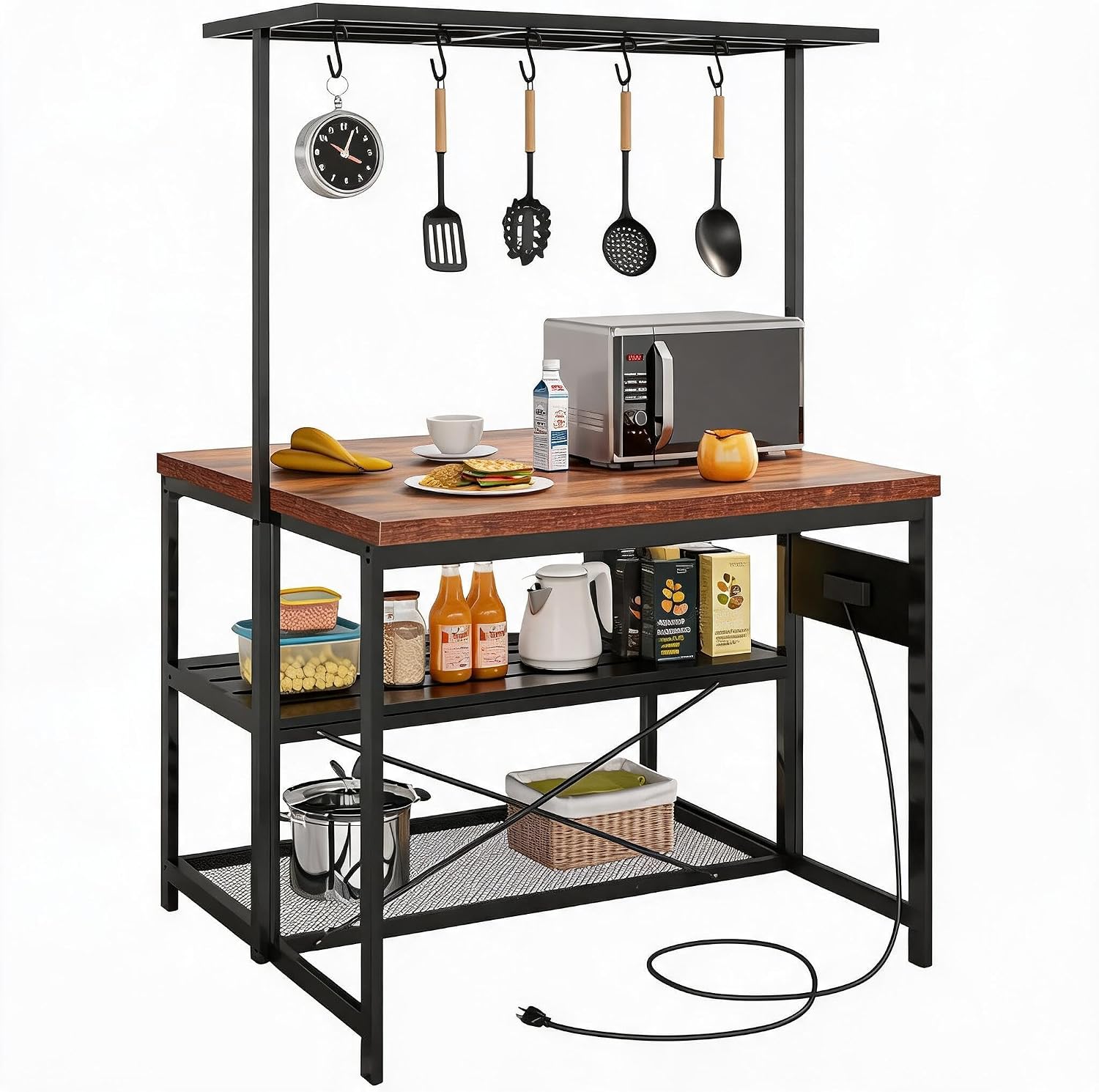 Industrial Kitchen Island with Storage & Power Outlet – 3-Tier Bakers Rack Coffee Bar Station, Heavy Duty Steel Frame, Spacious Prep Table with Shelves & 5 Hooks for Small Spaces, Dining, Living Room