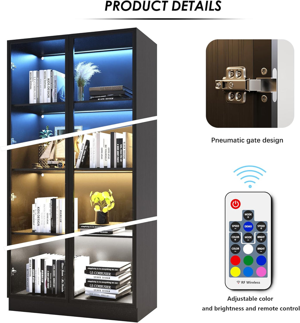63'' Tall Glass Display Cabinet with LED Lights,Showcase with Glass Doors,4-Tier Curio Cabinet for Collectibles Bookcase,Storage Shelf, Bookcase(Black- 4 Layers, Large)