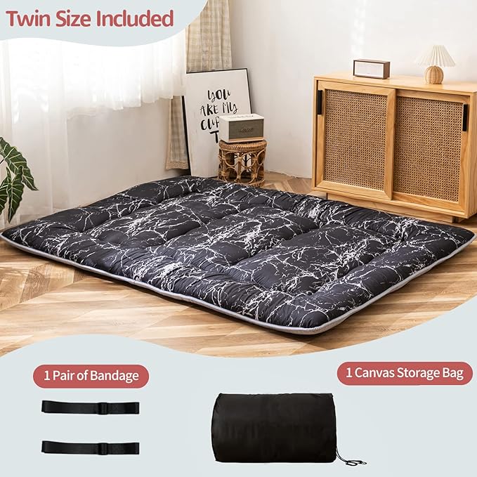 MAXYOYO Japanese Floor Mattress Futon Mattress, 4" Thicken Tatami Mat Sleeping Pad Foldable Roll Up Mat Boys Girls Dormitory Pad Kids Floor Lounger Pillow Bed, Charcoal Grey, Queen Size
