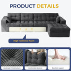 MAXYOYO 132" L Shaped Modular Sectional Sofa with Ottoman, Cloud Boneless Couch with Layered Cushion, Upholstered Sofa in a Box, Flexible Module Combination for Living Room, No Assembly, Dark Grey