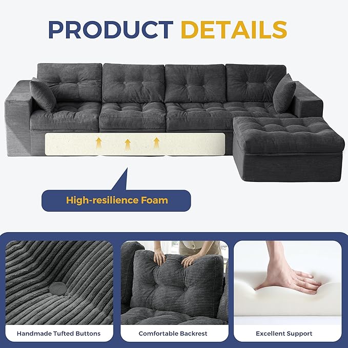 MAXYOYO 132" L Shaped Modular Sectional Sofa with Ottoman, Cloud Boneless Couch with Layered Cushion, Upholstered Sofa in a Box, Flexible Module Combination for Living Room, No Assembly, Dark Grey