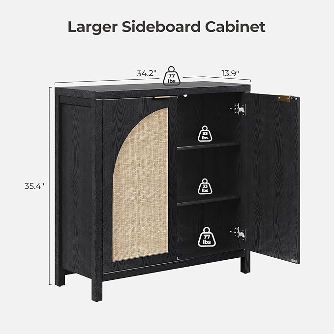 SICOTAS 68" W Rattan Sideboard Buffet Cabinet with Storage Set of 2, Modern Credenza with Arch Doors & Shelves, Boho Coffee Bar Media Console Cabinets for Kitchen, Living Room, Entryway, Black