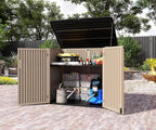 HOMSPARK Storage Shed Weather Resistance, Multi-Purpose Outdoor Storage Cabinet for Backyards and Patios, Horizontal Storage Shed for Lawnmower, Patio Accessories (Coffee,Large - 48 cu.ft)