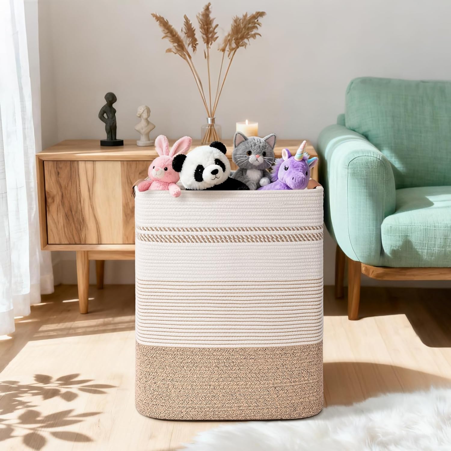 Laundry Hamper, 95L Tall Laundry Basket with Leather Handles, Rectangle Large Clothes Hamper for Organizing, Cotton Woven Laundry Baskets Storage Hampers for Bedroom, Nursery, Living Room