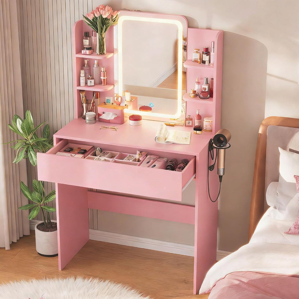 Small Vanity Desk with Mirror and lights,Pink Makeup Vanity for Girls Kid | C...