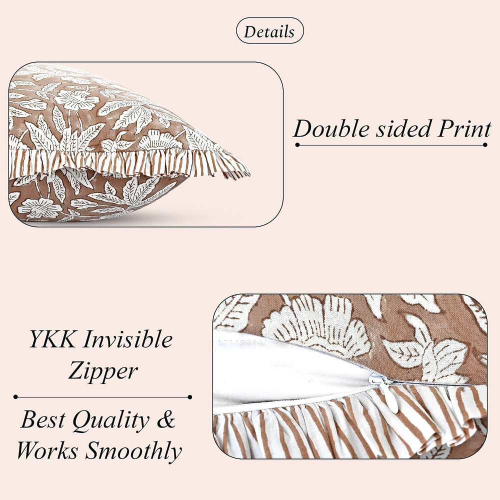 Ridhi Oak Brown Block Print Ruffle Pillow Covers 16x16 Inch Set of 2