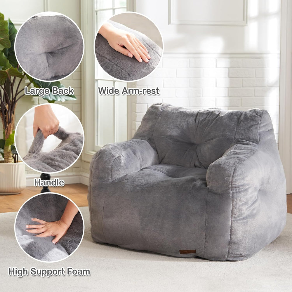 Hobestluk Furry Bean Bag Chair with Arms, Foam Filler for Adult, Grey | Soft ...