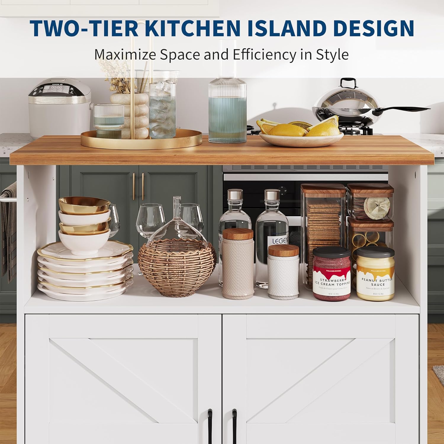 Garvee Rolling Kitchen Island with Storage Cabinet, 40.4'' Width Kitchen Cart, Portable Mobile Kitchen Island with Towel Rack, Wood Top and Lockable Wheels for Kitchen, Dining Room