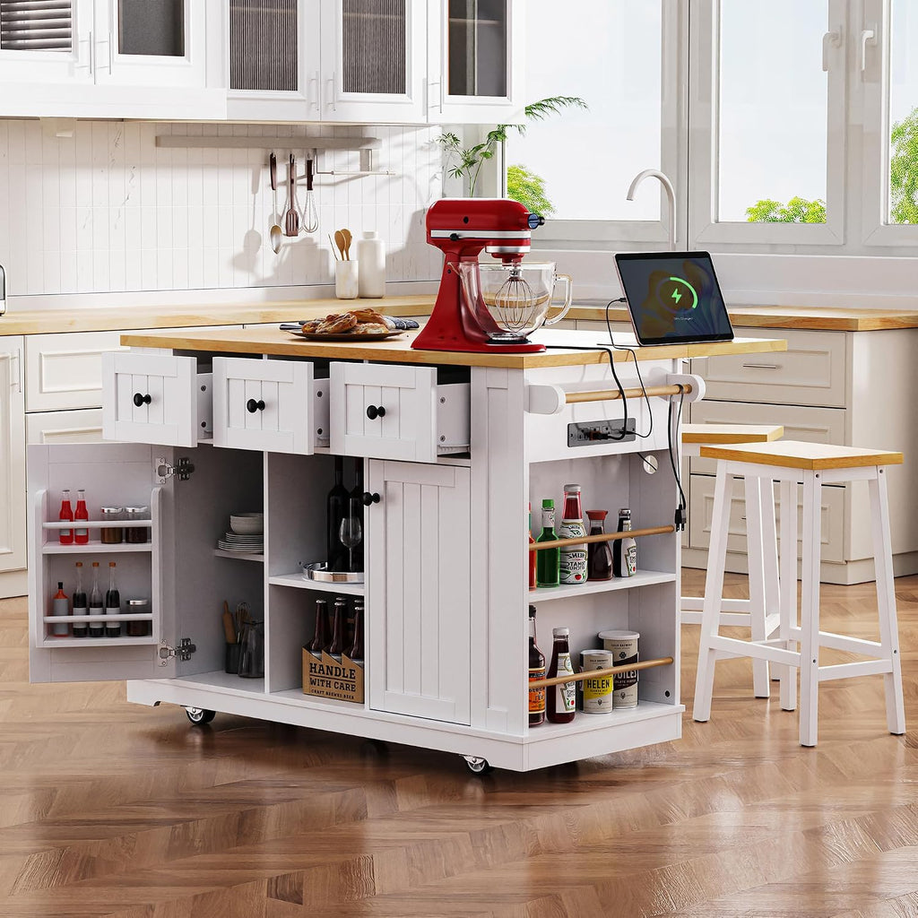 Rolling Kitchen Island with Drop Leaf & Power Outlet, Large Kitchen Islands Cart on Wheels, Movable Kitchen Island with 5 Open Storage Shelves & Towel Rack for Kitchen, Dining Room, 53-Inch, White