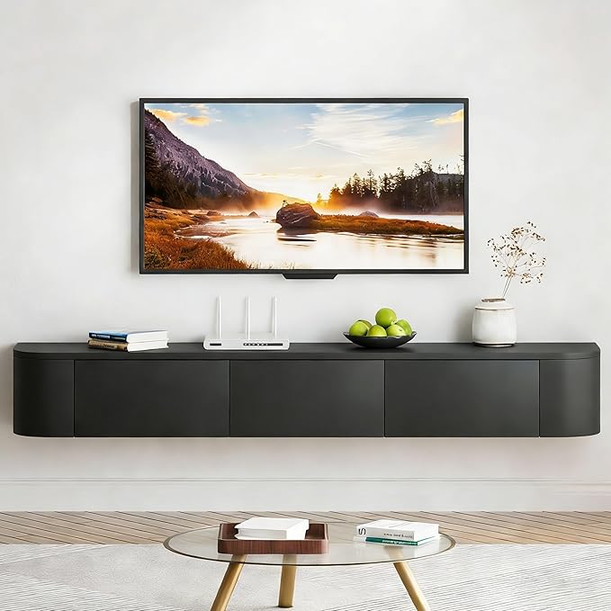 SHGJ&SOFT Floating TV Stand Wall Mounted Media Console with Door Entertainment Centerwith Storage Cabinets, Wall Mounted TV Shelf for Bedroom,Living Room (Black, 63IN)
