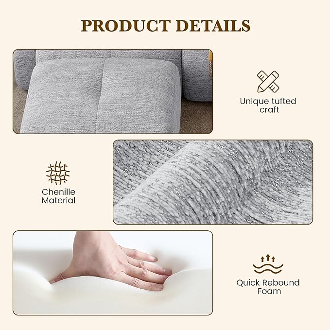 158" U Shaped Convertible Modular Couch, Cloud Couch Sectional with Ottoman, 6-Seater Chenille Boneless Couches for Living Room, Apartment, No Assembly, Light Grey 1PCS