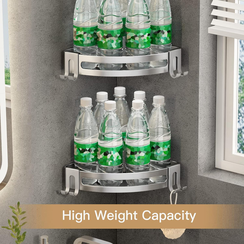 VOLPONE Corner Shower Shelves with Hooks Shower Storage Rack Rustproof Tub Organizer Drill Free (adhesive mounting, no suction cup) Shampoo Holder Wall Mount Corner Shower Caddy (3-Pack, Silver)