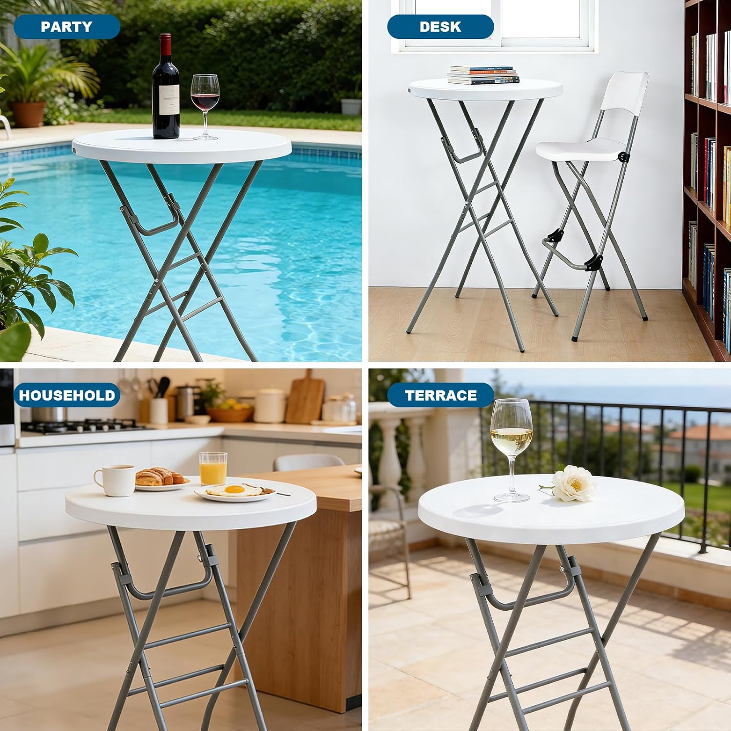 28” Round Folding Bar Table, High Top Cocktail Table with Locking Mechanism, HDPE Waterproof Stain-Resistant Top, Indoor Outdoor Patio Garden Party, White, 1 PCS