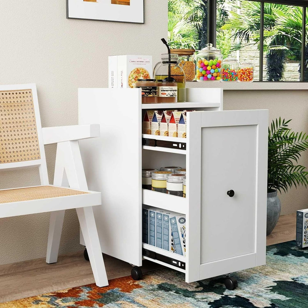 Sliding Pantry Organizer Cabinet with Wheels, 3 Tier Pull Out Snack Storage R...