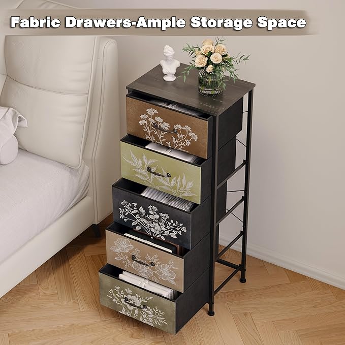 Tohomeor Vintage Dresser Vertical Nightstand with Neutral Botanical Plant Fab...