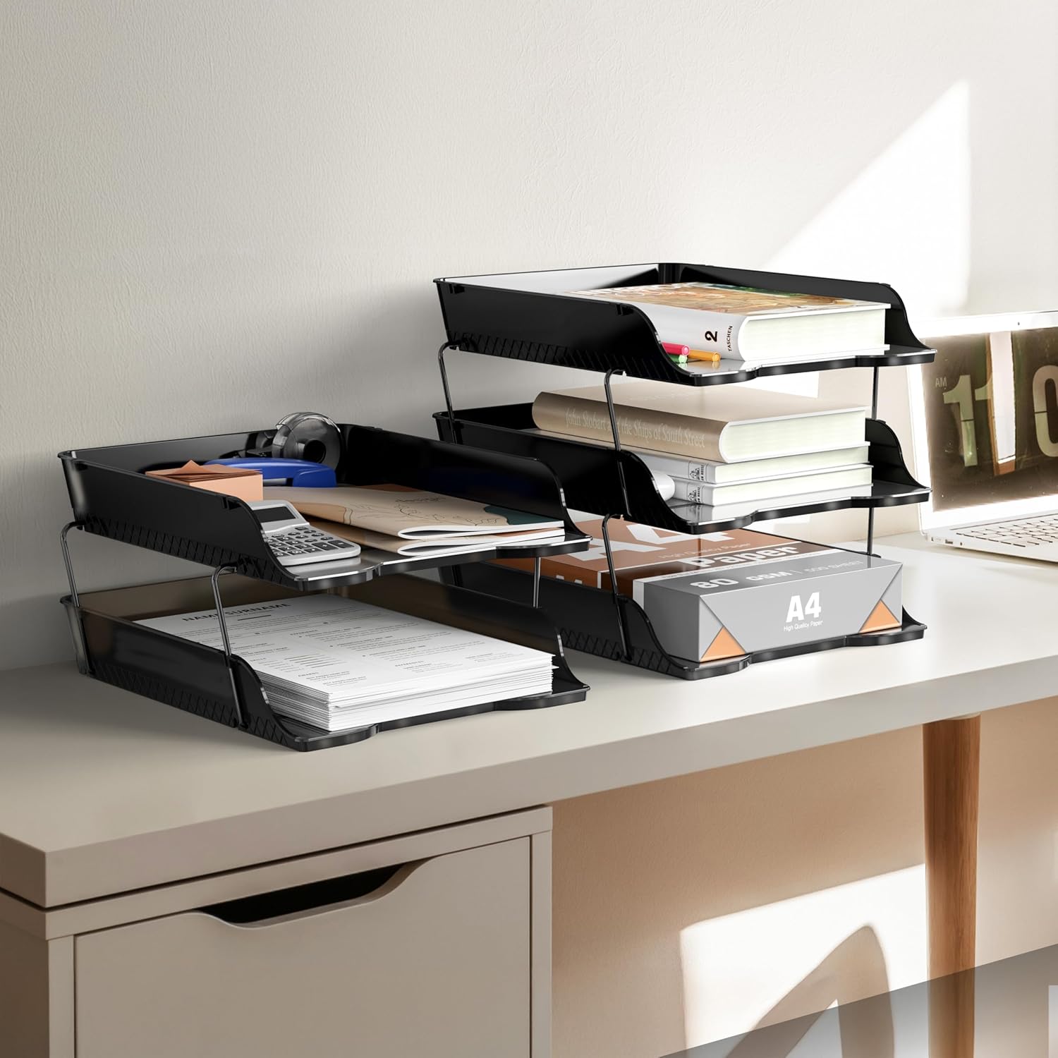 Simple Houseware 2-Tier Stackable Letter Tray Organizer – Desktop File Holder for A4/Letter Size Paper, Document Sorter, Office Desk Paper Organizer, Black