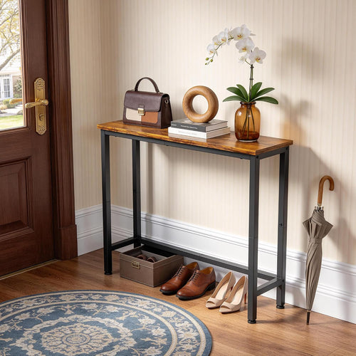 29.5 Inch Narrow Console Table, Small Entryway Table with Metal Frame, Skinny Sofa Table for Living Room Hallway Bedroom Foyer, Slim Hallway Shelf, Modern Entryway Furniture, Rustic Brown